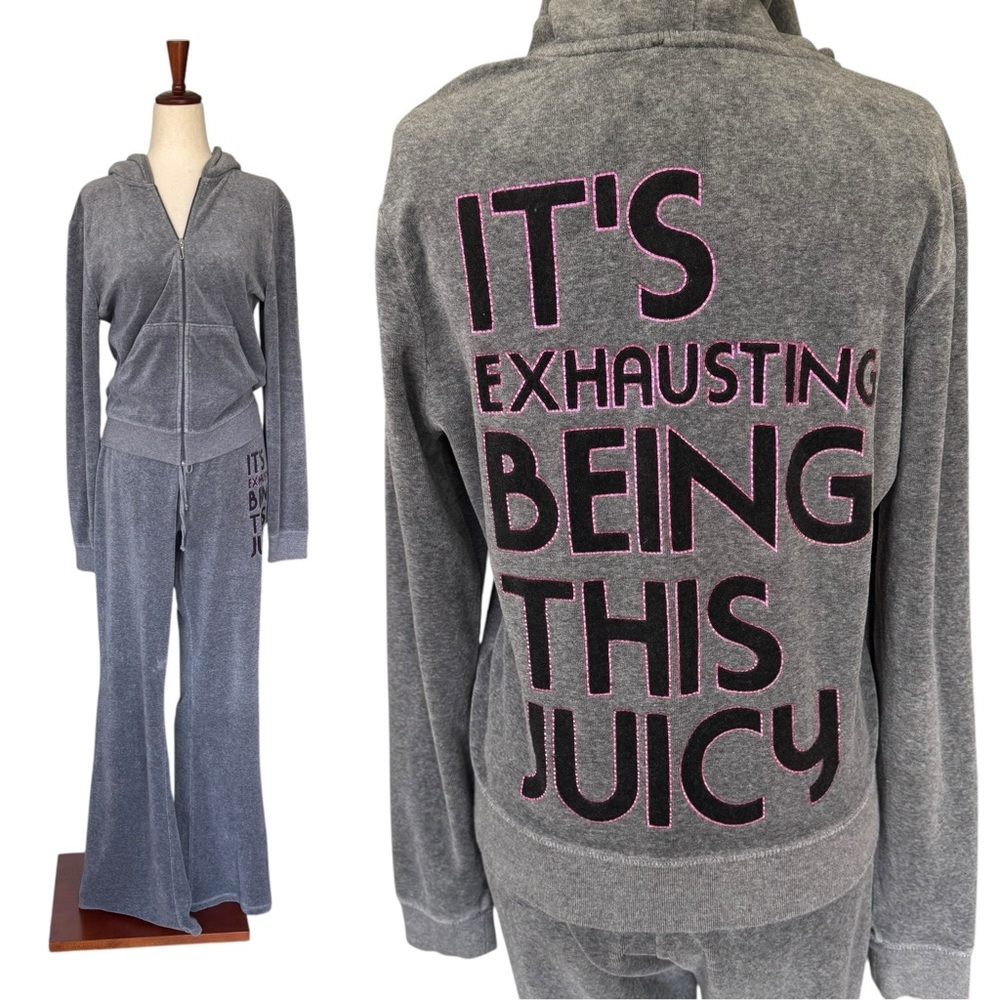 Vintage Y2k Juicy Couture Gray Velour Tracksuit Set Its Exhausting Being Juicy L